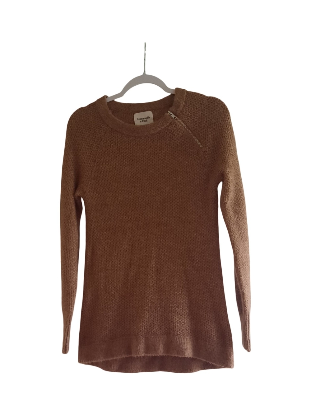 Abercrombie & Fitch Women's Brown Crewneck Sweater with Shoulder Zip Accent